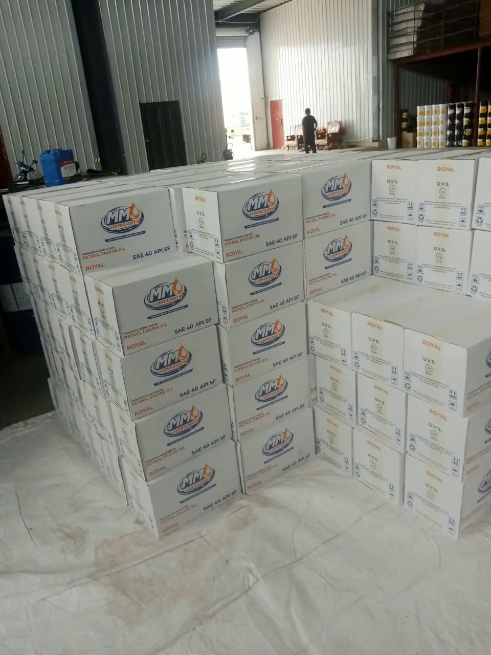 Cartons of MM Lubricants Royal engine oil ready for dispatch